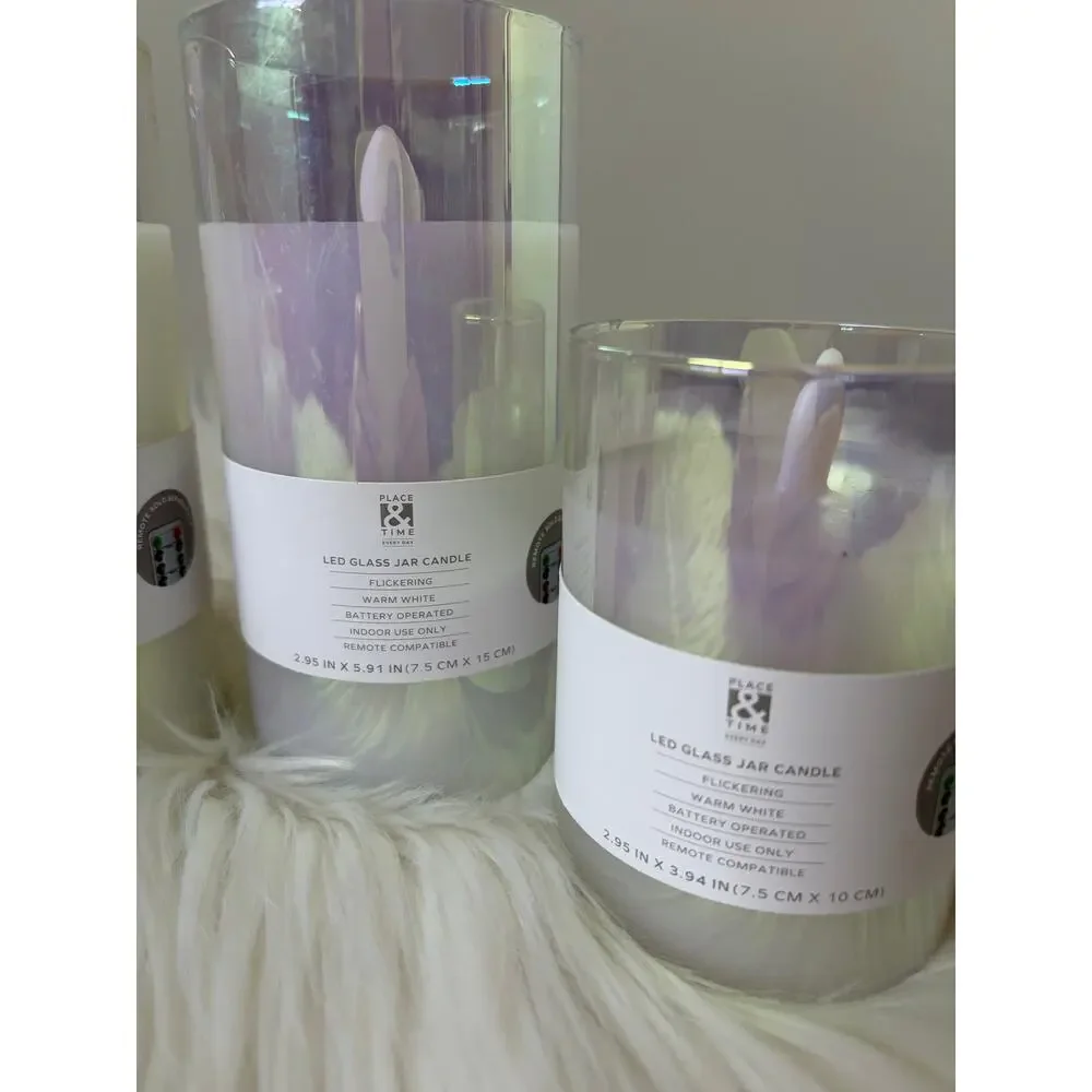 Place & Time LED Glass Jar Iridescent Clear Candles (4) NEW Flameless Candle HTF